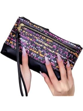 Karl Lagerfeld Paris Double Zip Wristlet Pouch Clutch Plum Combo Crown Print NWT
